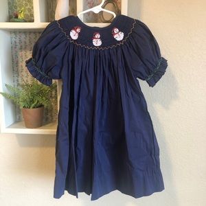 Babeeni Baby Girl Smocked Dress Christmas Winter Snowman Dark Blue